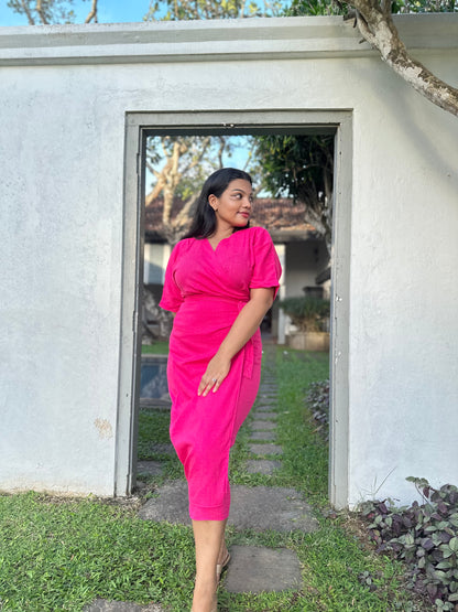 Hot Pink Side Tie Up Midi Dress