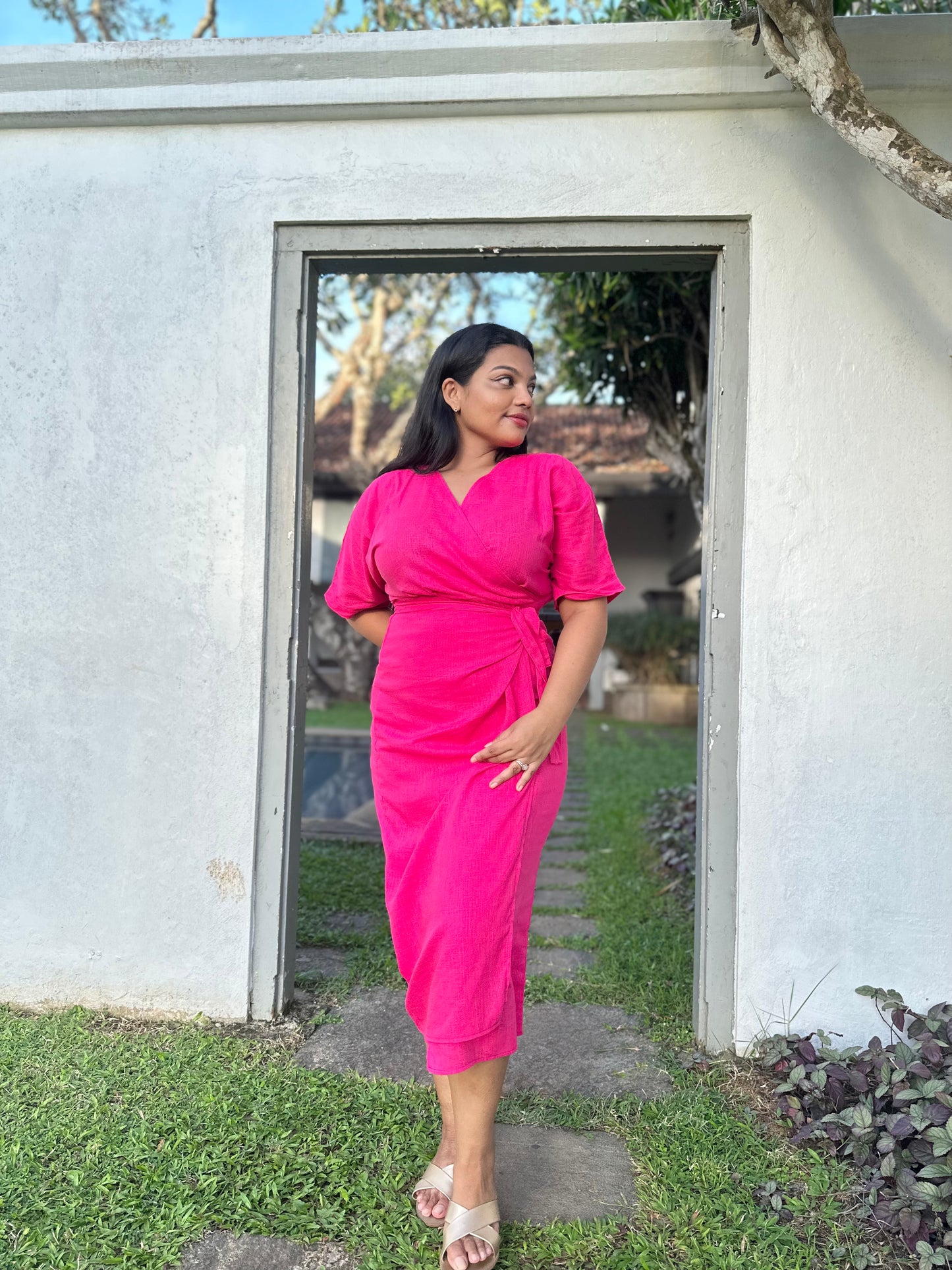 Hot Pink Side Tie Up Midi Dress