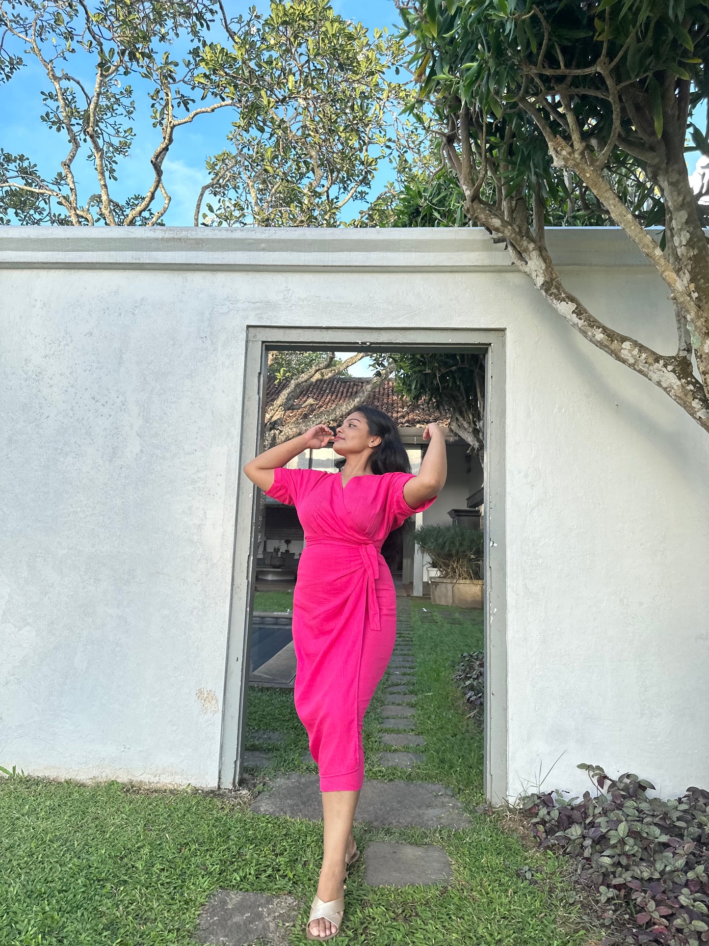 Hot Pink Side Tie Up Midi Dress